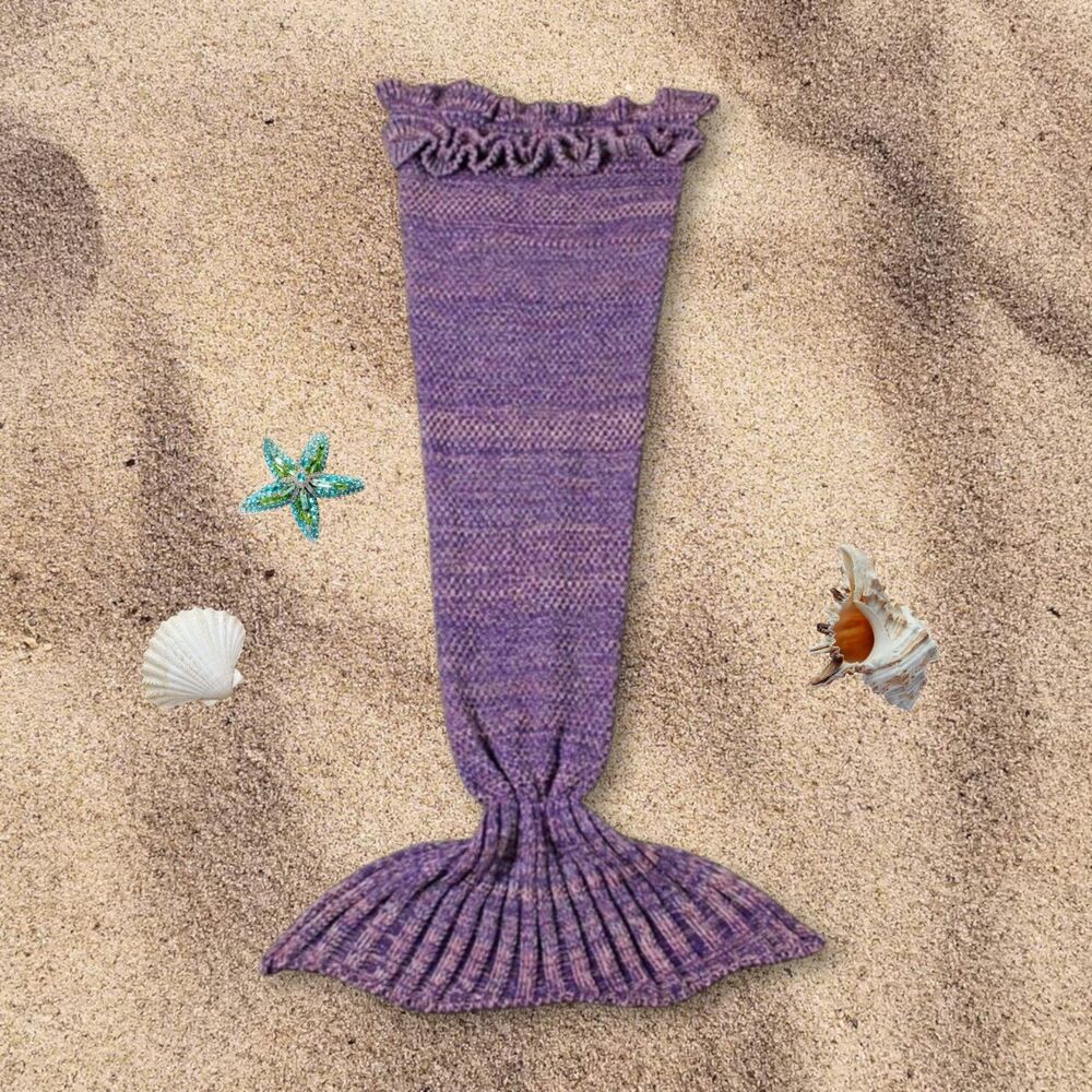 Purple Mermaid Tail Blanket Kids Crochet Ruffle Edge Cozy Sleeping Bag Birthday